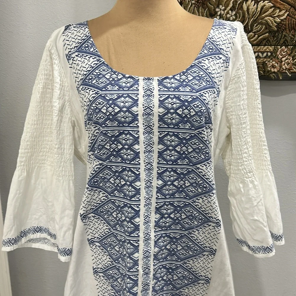 BILLABONG White Cotton Dress/Cover With Blue Design Print. Size L‎ - Picture 4 of 13